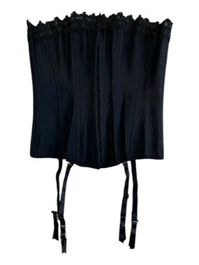 Grenier Black Satin Corset Size 34 Lace Trim Boned Bustier Garter Strap Lingerie